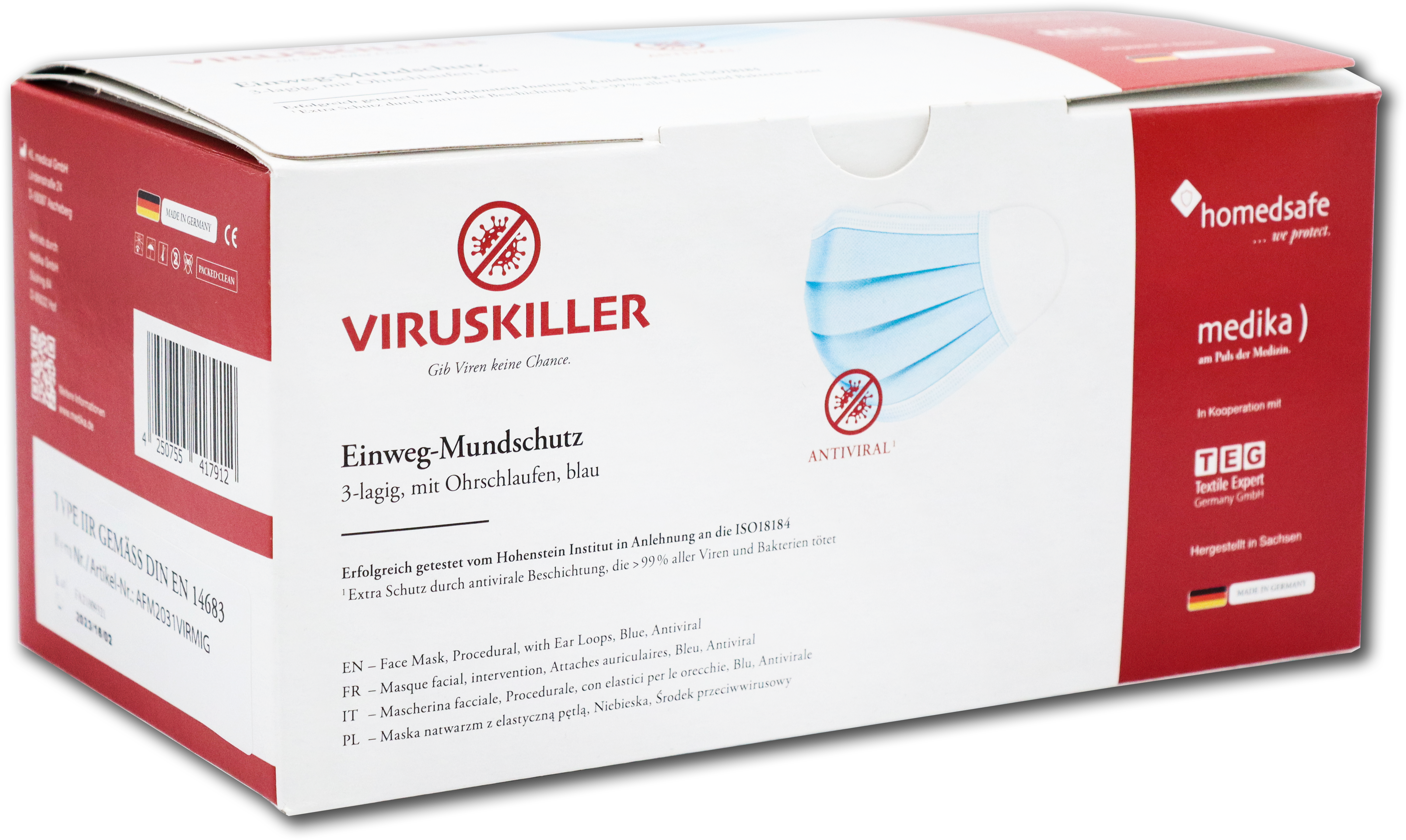 Medizinischer Mundschutz Viruskiller mit Gummiband 3-lagig, Type