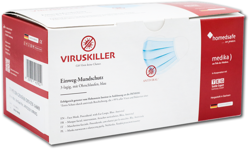 Medizinischer Mundschutz Viruskiller mit Gummiband 3-lagig, Type IIR - Made in Germany